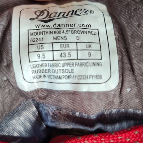 Danner Hiking Boots Mens Size 9.5 Brown Red Mountain 600 4.5\